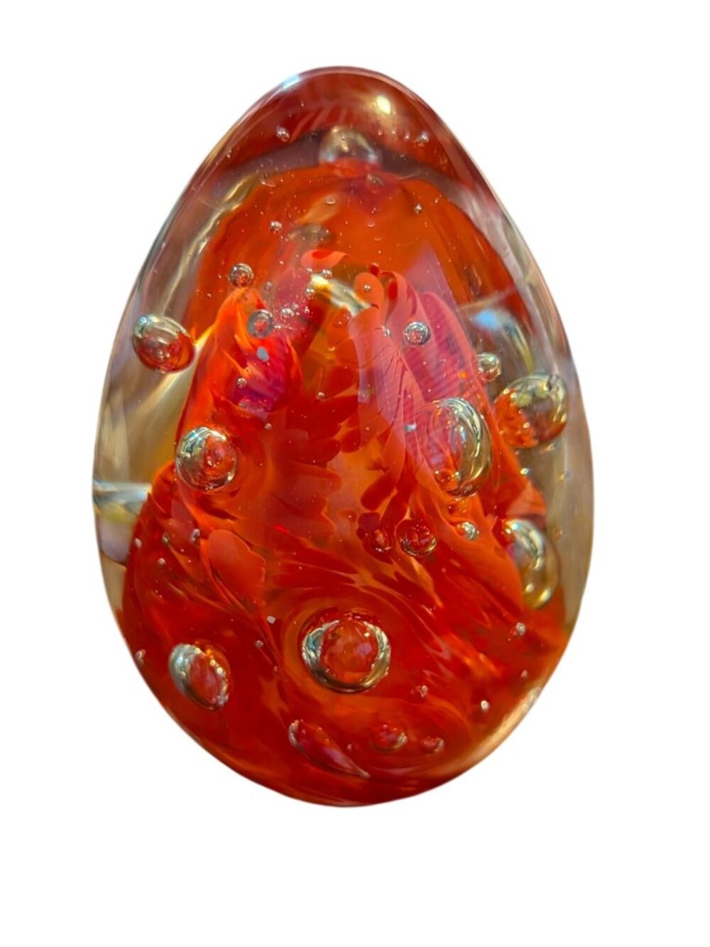 The Original Mt. St. Helens Ash Glass Paperweight Egg Red & Clear Swirl Design H
